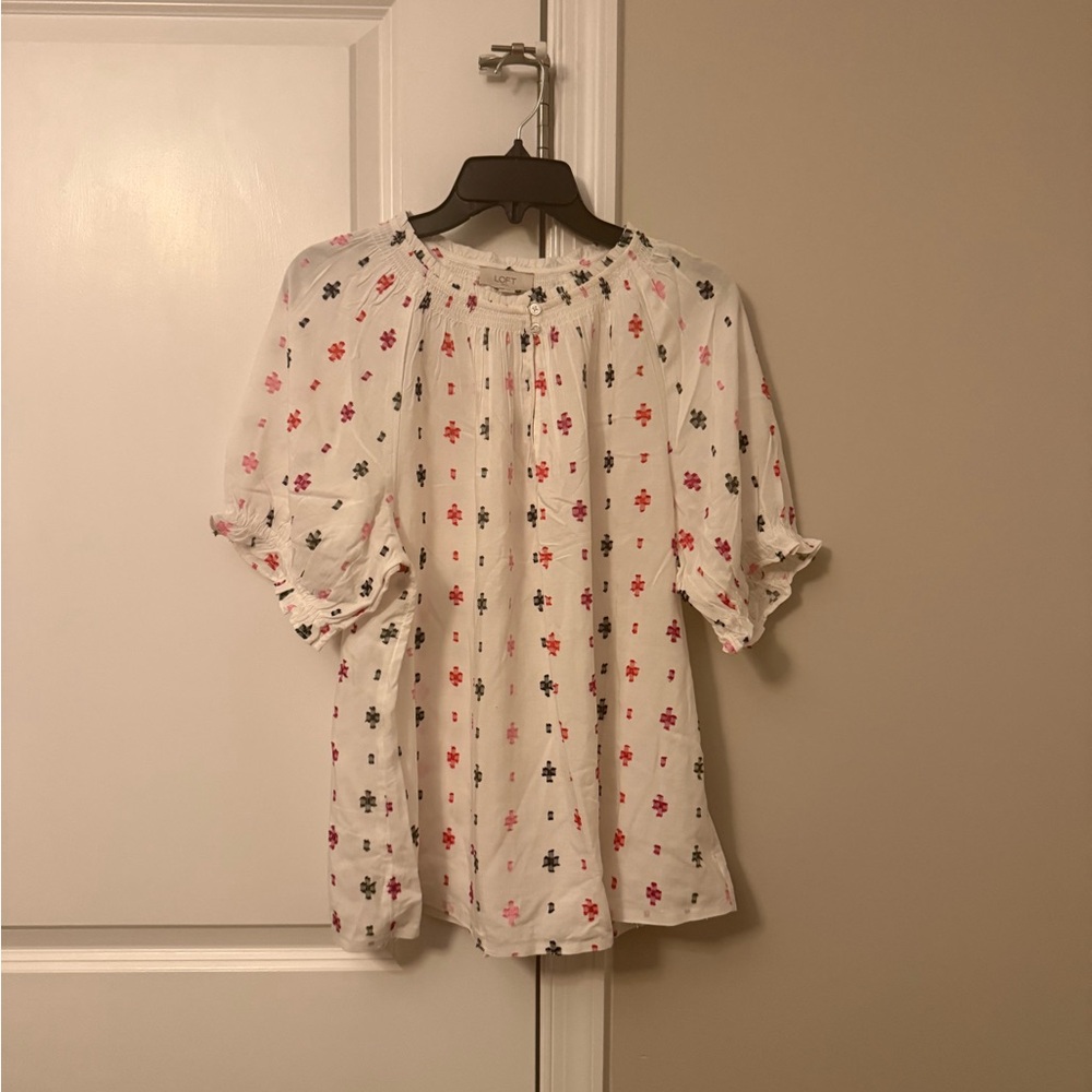 LOFT White Floral Peasant Blouse in Pink & Navy